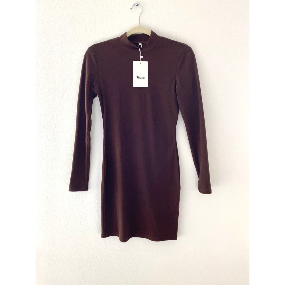 NWT Riyiper Brown Ribbed Bodycon Dress Mock Neck Long Sleeve Size S